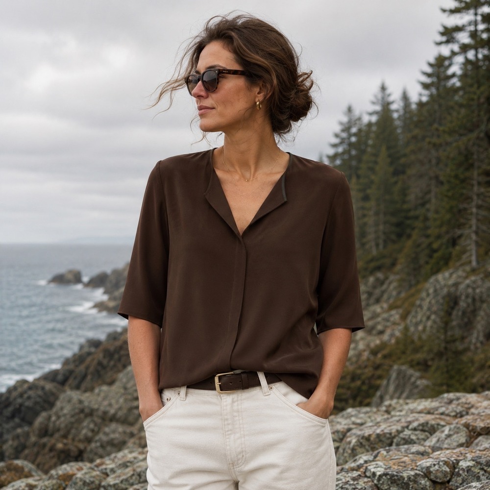 Peter Cohen Blouse Womens Size M Brown Silk Blend Minimalist 3/4 Sleeve Top
